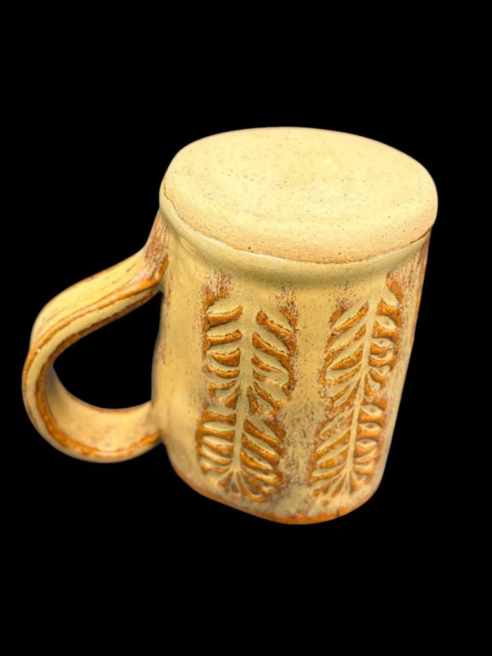 Vintage Studio Pottery Leaf Motif Ceramic Coffee Mug Signed Handmade Stoneware